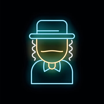 Jewish man illustration with payot and hat glowing a neon blue and yellow color
