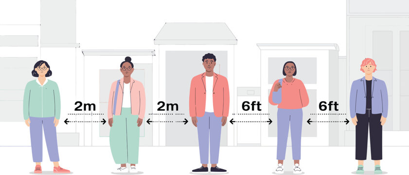 Social distancing, people standing, 2m 6ft apart, illustration, vector graphics, health safety, crowd control, pandemic prevention