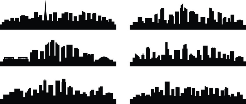 Collection of six city skylines in black silhouette on white background