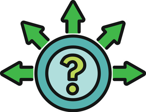 Question mark icon surrounded by green arrows pointing in multiple directions, illustrating choice and confusion
