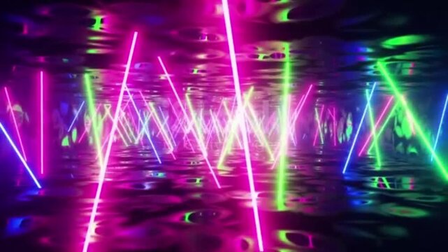 Lining the passageway are rows of illuminated neon lights&mdash;shaped like pillars or vertical lines&mdash;glowing brightly in a vibrant mix of colors such as pink, purple, blue, and green.