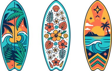 Tropical Surfboard Vector Set with Floral Beach Sunset and Ocean Wave Designs © Amanda