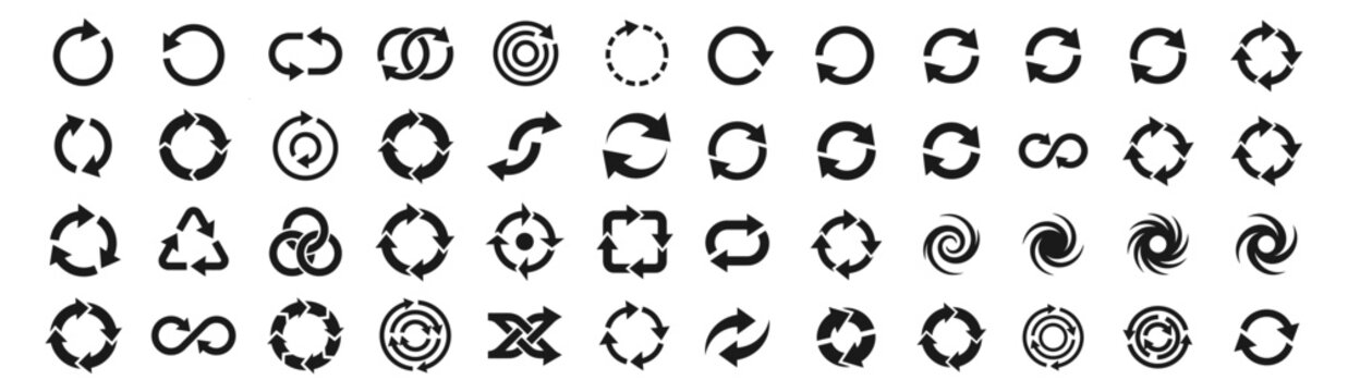Collection of Various Black Arrow and Circular Vector Symbols with Recycle, Refresh, Infinity Loop, and Vortex Interface Icons