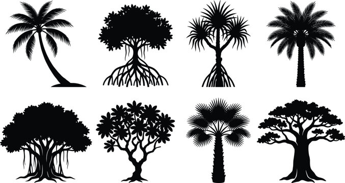 Tropical Palm Trees and Exotic Jungle Trees Black Silhouette Vector Elements Collection