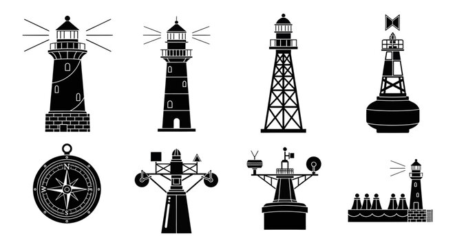 Collection of various lighthouse and navigation icons in black and white
