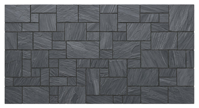 Dark gray slate stone wall texture isolated on transparent background. Modern charcoal block paving pattern