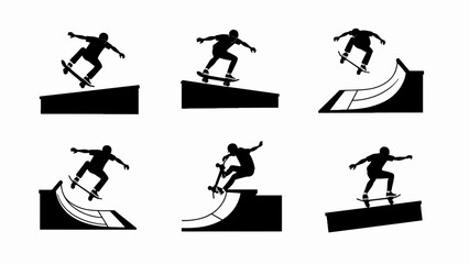Skateboarder Silhouettes Performing Tricks on Ramps and Rails © kacang
