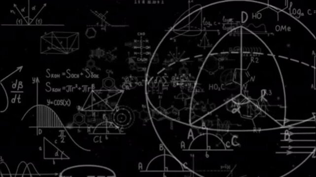 various complex mathematical formulas, physics equations, chemical molecular structures, function graphs, and geometric diagrams. 