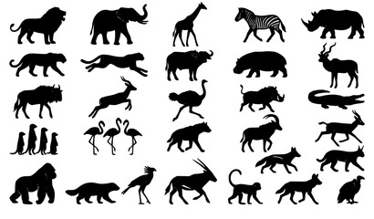 Fototapeta premium African Wildlife Silhouette Vector Set with Savanna Animals and Nature Conservation Icons