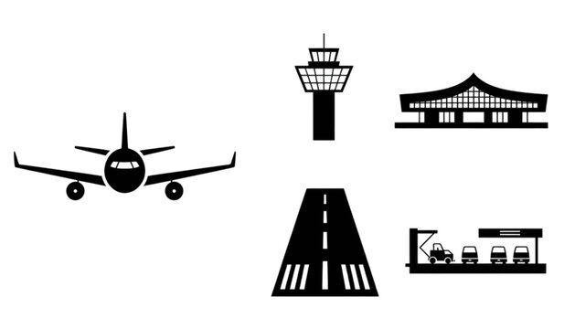 Airport transportation icons set including airplane, air traffic control tower, terminal, runway, and bus Vector