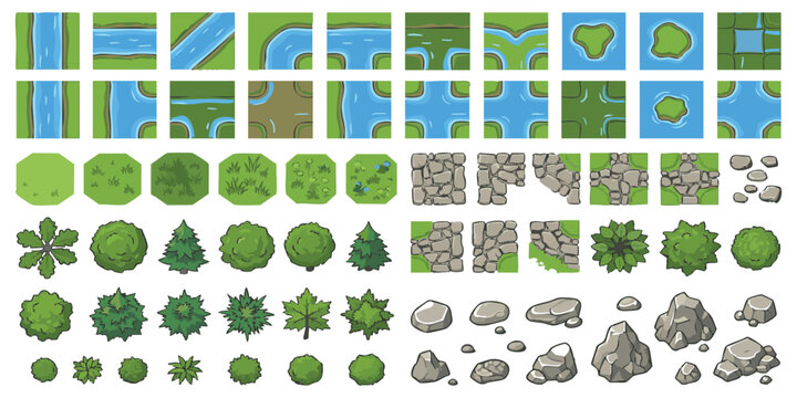 Set of top down game tiles with river segments trees and stone textures for building a strategy map layout