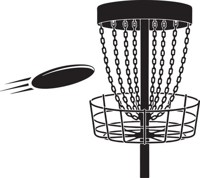 Disc golf frisbee flying toward metal basket target