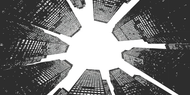 Low angle view of tall modern skyscrapers surrounding a bright center point in a busy city business district