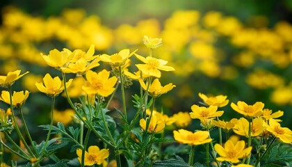 Obraz premium Yellow Ferula Flower Field In Nature Closeup Macro Shot With Green Background