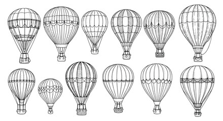 Obraz premium Set of thirteen vintage hot air balloons with diverse patterns and designs in a classic hand drawn engraving style.
