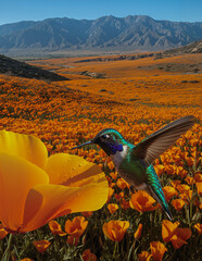 Obraz premium California poppy fields in full bloom with a hummingbird feeding from a vibrant orange flower, capturing the beauty of native wildlife and spring landscapes.