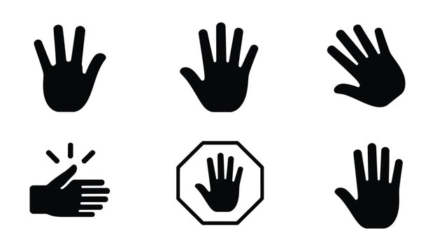 Hand Gesture Icons, black hand symbols with stop and gesture signs, clean vector illustration set for mobile apps, alerts, and user interface design.