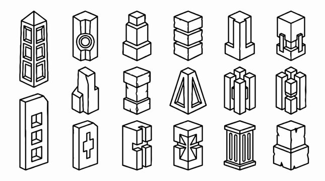 Isometric line art collection of futuristic architectural building blocks and geometric tower structures.
