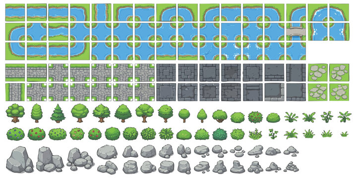 Set of pixel art game tiles for top down map design including water road grass trees bushes and gray rocks