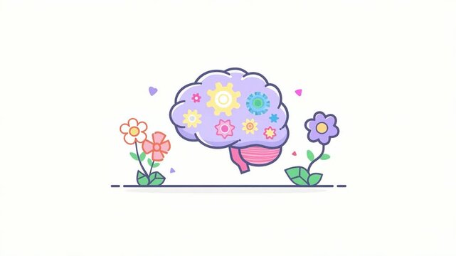 Illustrated brain with gears and colorful flowers, mental growth, creativity concept, positive thinking, mindfulness.