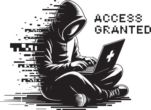 Hacker with hoodie using laptop showing access granted