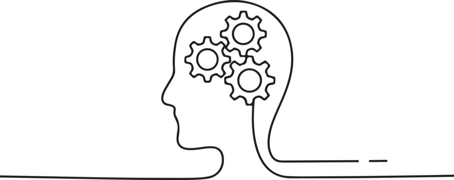 Silhouette brain with three gear icons inside