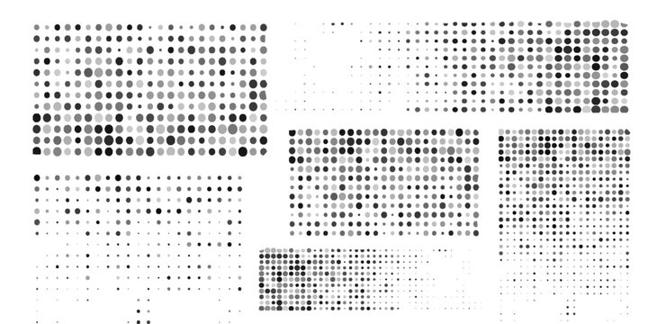 Cube pixel pattern transitions with monochrome square elements dissolving from black blocks into white fragments. Digital halftone effects of geometric dissolution textures.