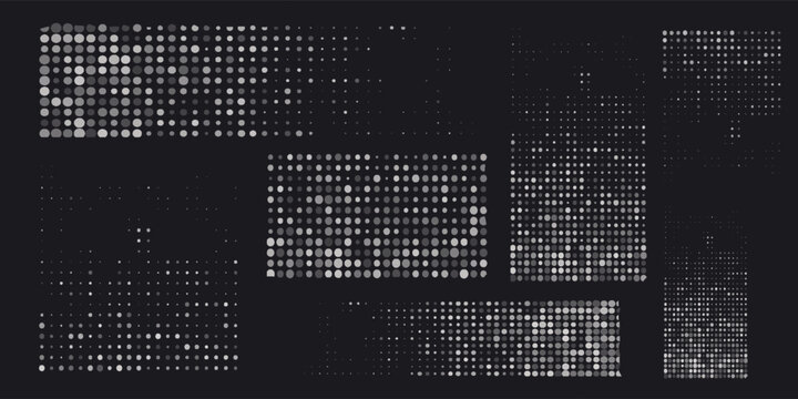 Pixel disintegration background. Decay effect. Dispersed dotted pattern. Concept of disintegration. Set pixel mosaic textures with simple square particles. Vector illustration