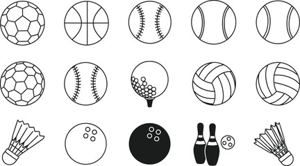 Fototapeta premium Monochrome sports equipment featuring balls, bowling pins, and shuttlecocks on a clean white background