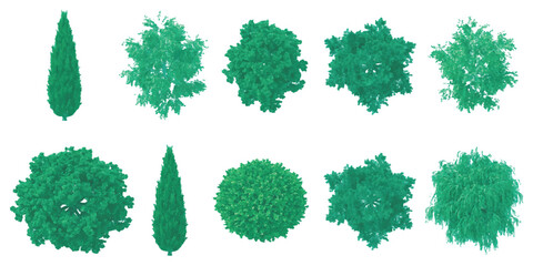 Set of green tree top view icons showing various shapes of garden plants for landscape architecture design © ZenVectors