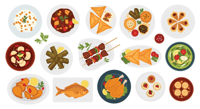 Diverse assortment of traditional middle eastern dishes including kebabs samosas falafel and hummus on colorful plates.