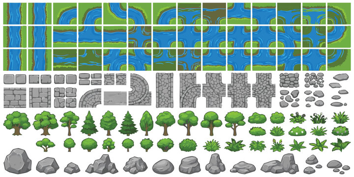 Top down 2d game tile set with grass water road tiles and nature elements like trees and rocks for level design