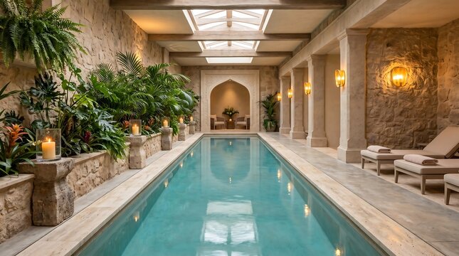 Luxurious indoor pool with tropical plants