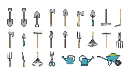 Comprehensive collection of gardening tools line icons including shovels rakes axes shears and watering cans for garden care. © Mr