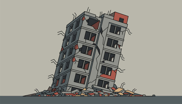 Digital pixel art illustration of a tall grey building that has partially collapsed and is leaning after a serious earthquake or disaster.