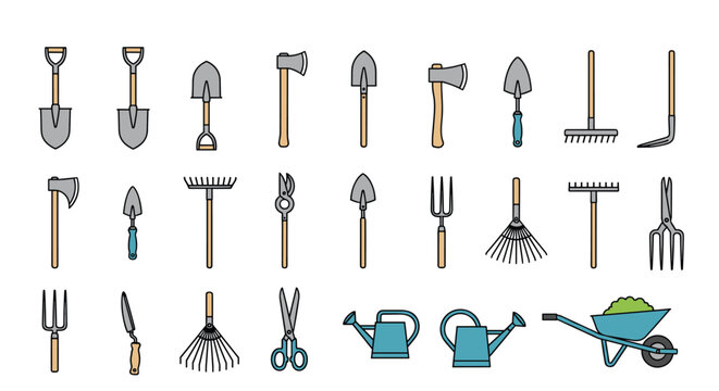Comprehensive collection of gardening tools line icons including shovels rakes axes shears and watering cans for garden care.