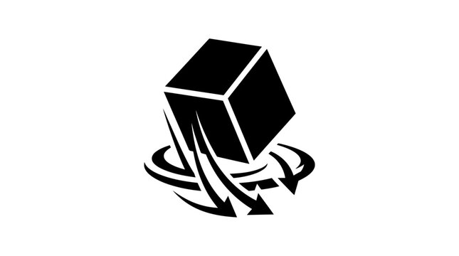 Black cube icon, 3D block symbol, rotating arrows, dynamic graphic element, abstract vector design