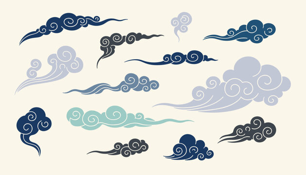 Collection of traditional oriental clouds in various shades of blue and grey with swirling patterns on a light cream background for art.