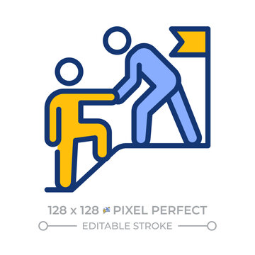 Mentorship pixel perfect line color icon. Supporting coach helping student to reach summit. Effective leadership. Isolated vector illustration. Flat colorful symbol design. Editable stroke