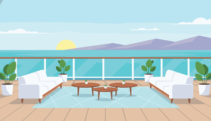 Fototapeta premium Elegant outdoor patio lounge on a luxury cruise ship deck with white sofas and wooden tables overlooking the calm blue ocean waves.