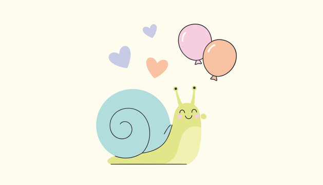 Adorable light green snail with a blue shell smiling under colorful floating hearts and pink and orange party balloons.
