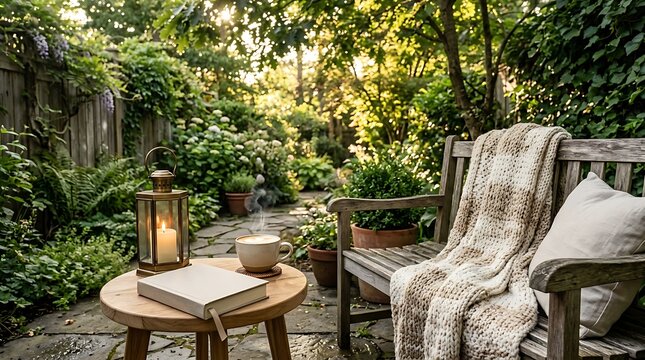 Cozy wooden bench with blanket and lantern in a beautiful green summer garden. outdoor coffee setup