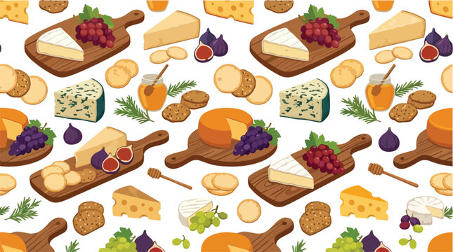 Seamless pattern with various types of gourmet cheese and fresh fruits.