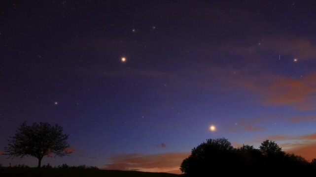Crescent Moon, planet conjunction and landscape scenery silhouettes. Real-time twinkling stars. Time-lapse video.