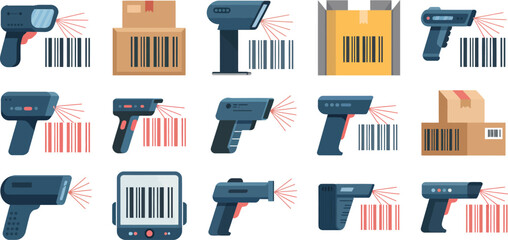 Barcode scanners, handheld devices, inventory tools, logistics icons, 16 scanner graphics © yamin678