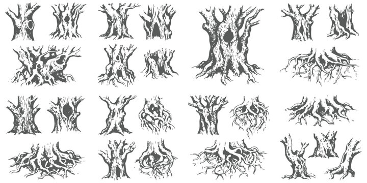 Set of hand drawn tree trunks and roots in sketch style for forest nature design and wood texture elements
