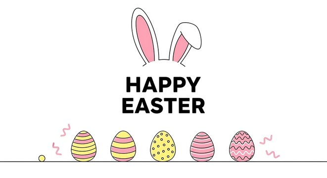 Happy easter text with rabbit ears and a row of five colorful patterned eggs on a white background