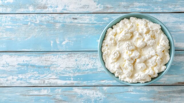 Top down view of delicious ricotta cheese displayed on a pale blue wooden surface providing room for adding text in the copy space image