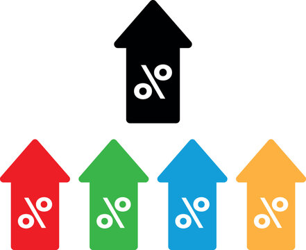 Colorful percent up arrow icon set . Up arrow with percentage pictogram . Financial growth concept . Vector illustration