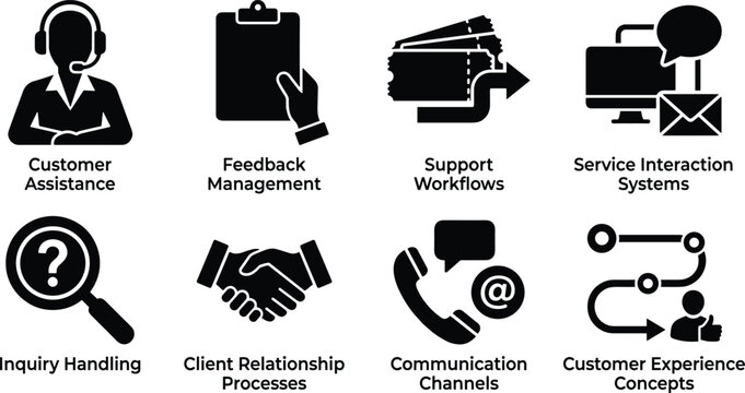 Customer service support operations and client experience management icon set vector illustration isolated on white background
